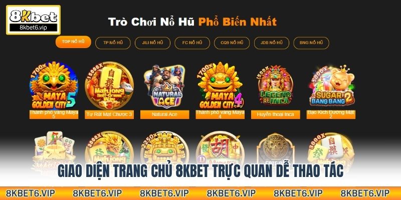 Giao diện trang chủ 8KBET trực quan dễ thao tác